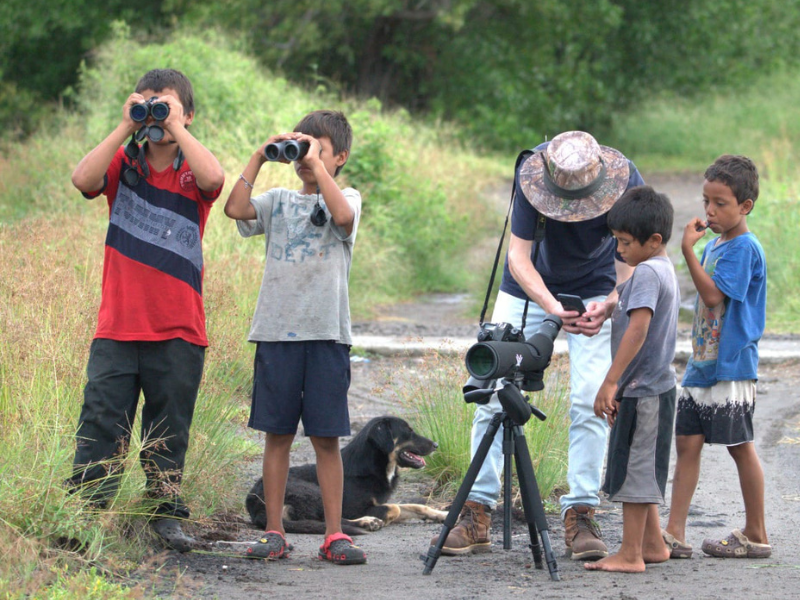 Niños y jóvenes observado aves playeras. Foto cortesía Gabriel Valle. FUNDAECO