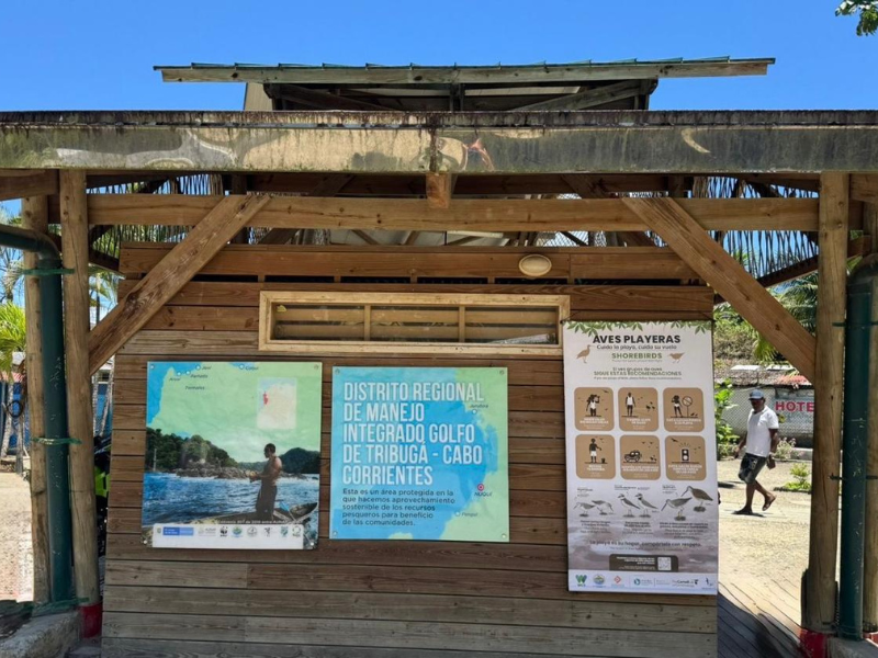 Infografías instaladas en espacios públicos como hoteles, muelles y aeropuerto de Nuquí, que brindan información clave sobre las aves playeras y buenas prácticas para su conservación, dirigidas tanto a comunidades locales como a visitantes, en versiones en español e inglés. Foto: Jorge Parra, WCS Colombia.