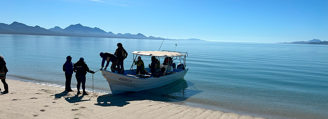 people disembarking from a small tour boat onto the sand at the edge of the water.
